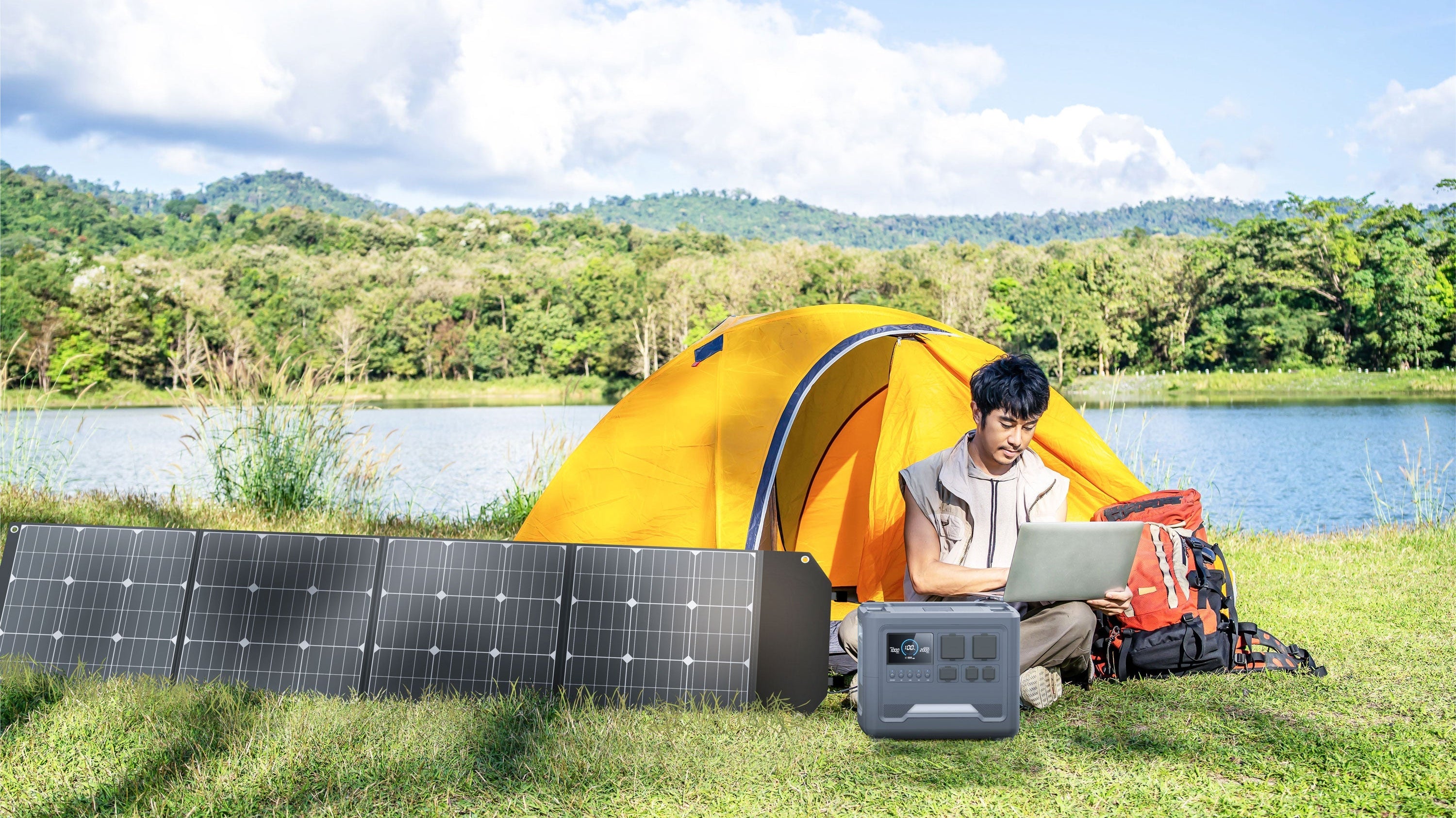 iFORWAY portable power station charging with a 4-fold solar panel during an off-grid camping trip