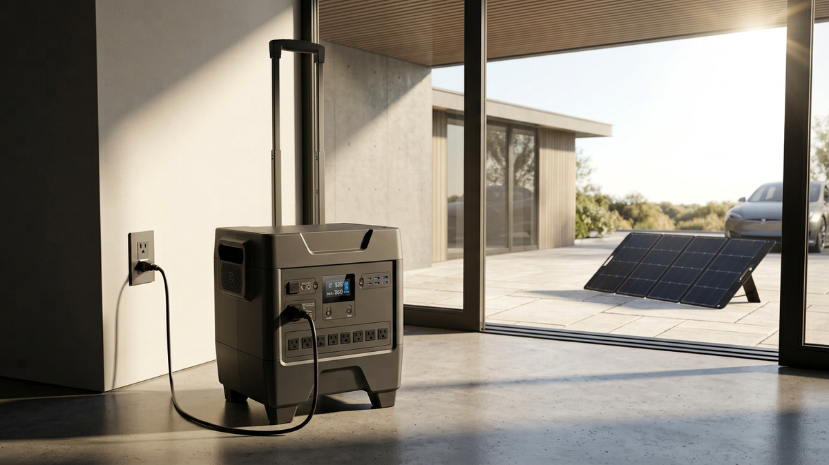 Portable power station charging with AC power and a black folding solar panel for fast home backup and off-grid charging.