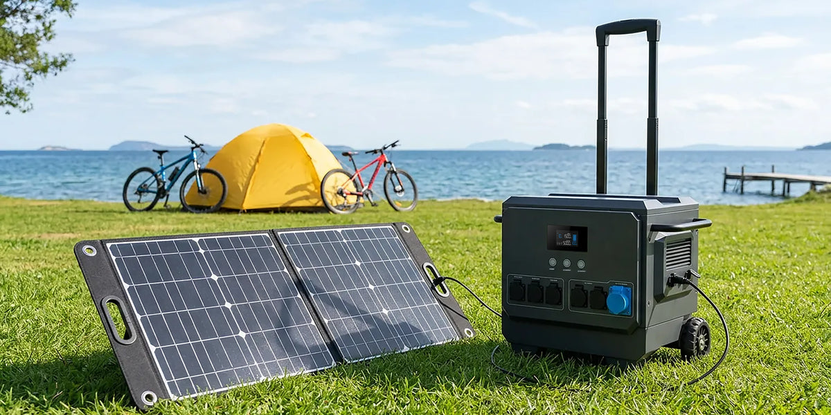 iFORWAY portable power station with solar panels for lakeside camping