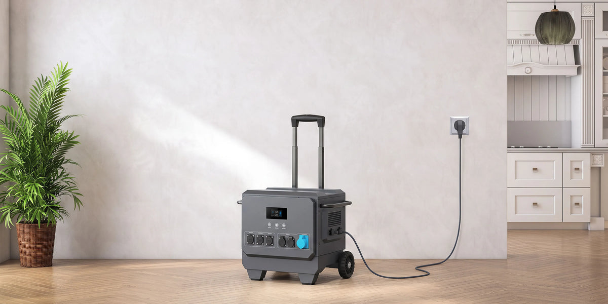 iFORWAY M5002 wheeled portable power station charging from a home wall outlet