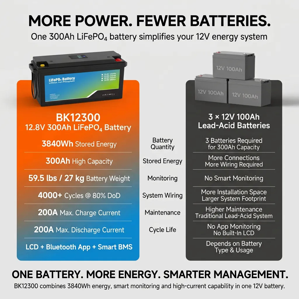 iFORWAY 12.8V 300Ah LiFePO4 battery compared with three 12V 100Ah lead-acid batteries