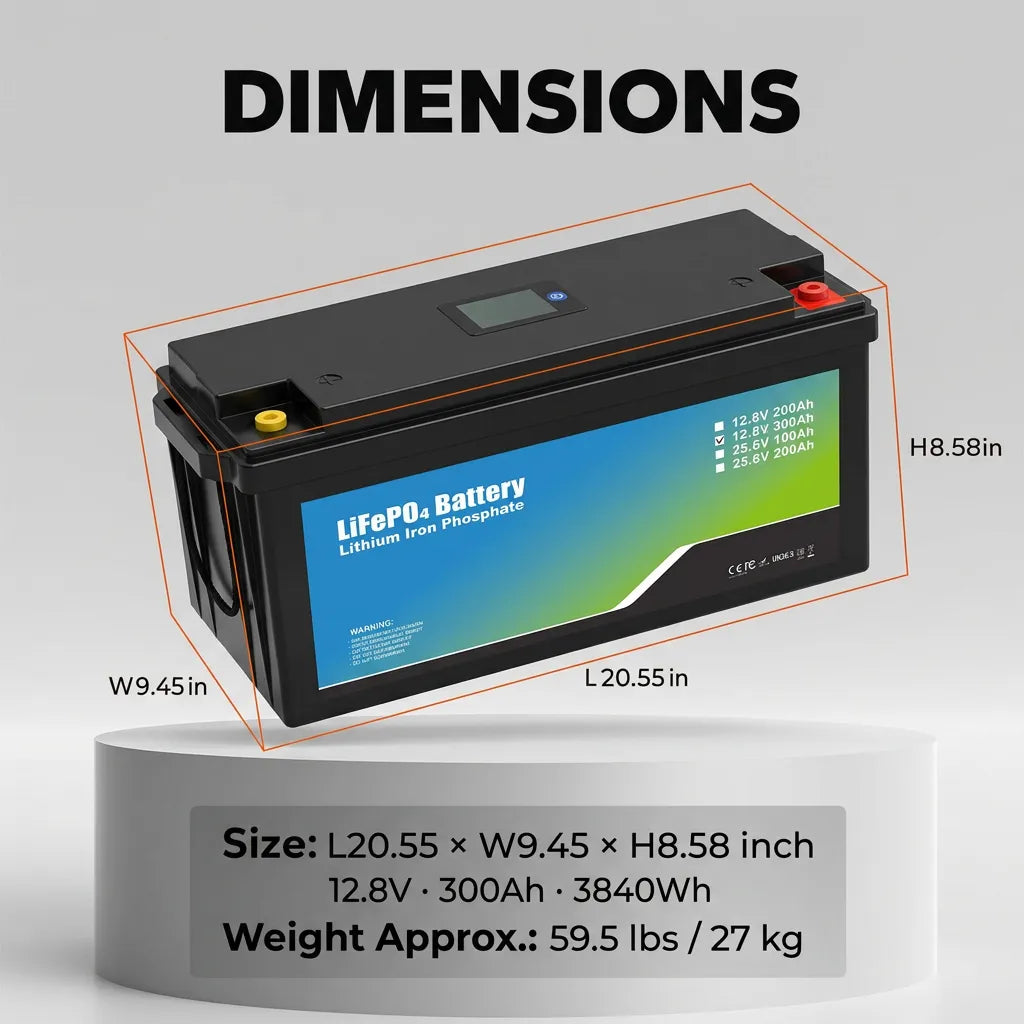 iFORWAY 12.8V 300Ah LiFePO4 battery dimensions 20.55 x 9.45 x 8.58 inches and 59.5 lbs