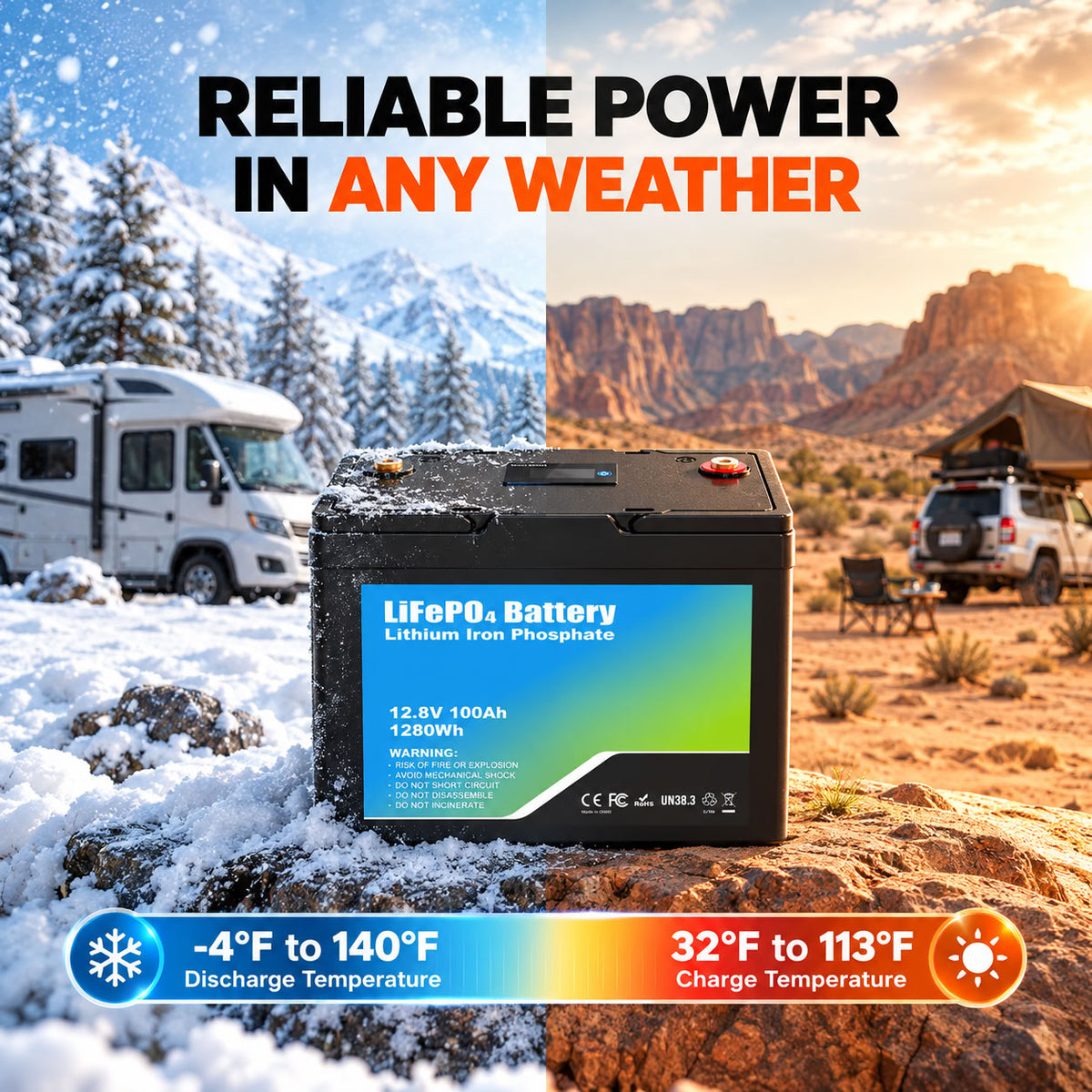 iFORWAY 12.8V 100Ah LiFePO4 battery for reliable power in cold and hot weather conditions