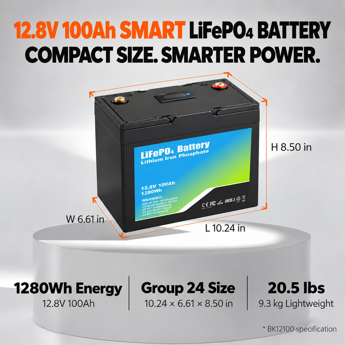 iFORWAY 12.8V 100Ah LiFePO4 battery with 1280Wh capacity, Group 24 size and compact dimensions