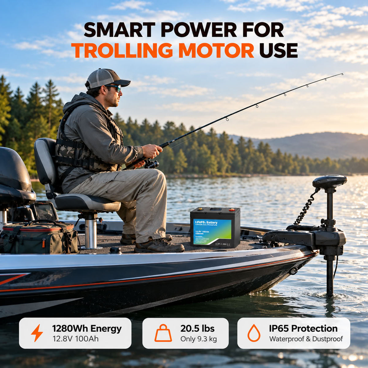 iFORWAY 12.8V 100Ah LiFePO4 trolling motor battery with 1280Wh capacity and IP65 protection