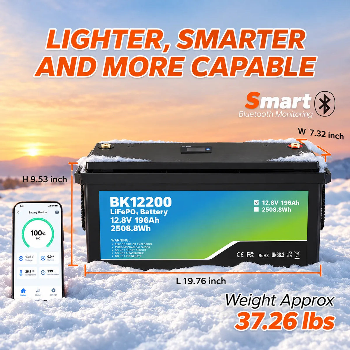 iFORWAY BK12200 12.8V 196Ah LiFePO4 battery with Bluetooth monitoring and compact design