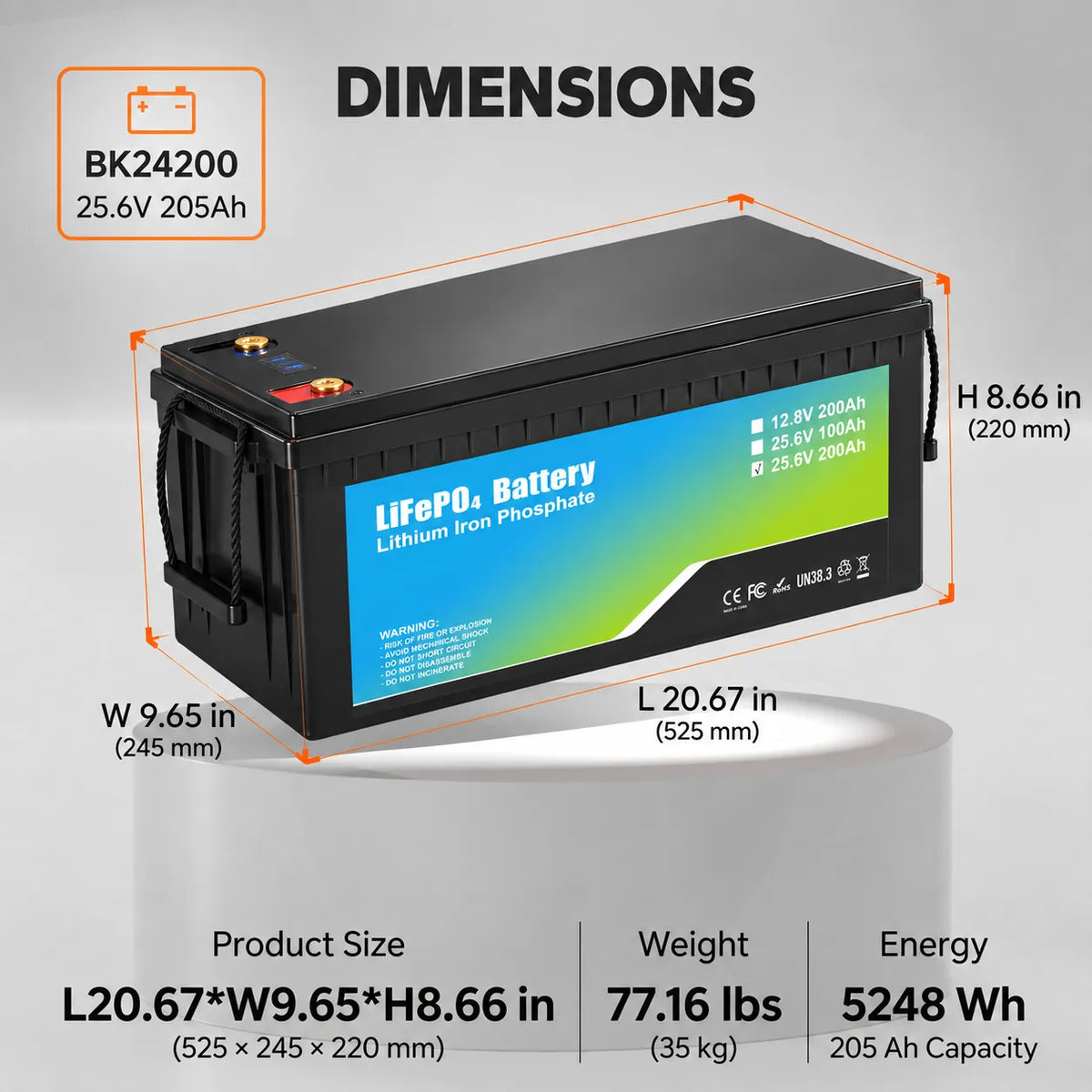 iFORWAY BK24200 25.6V 205Ah LiFePO4 battery dimensions 20.67 x 9.65 x 8.66 inches