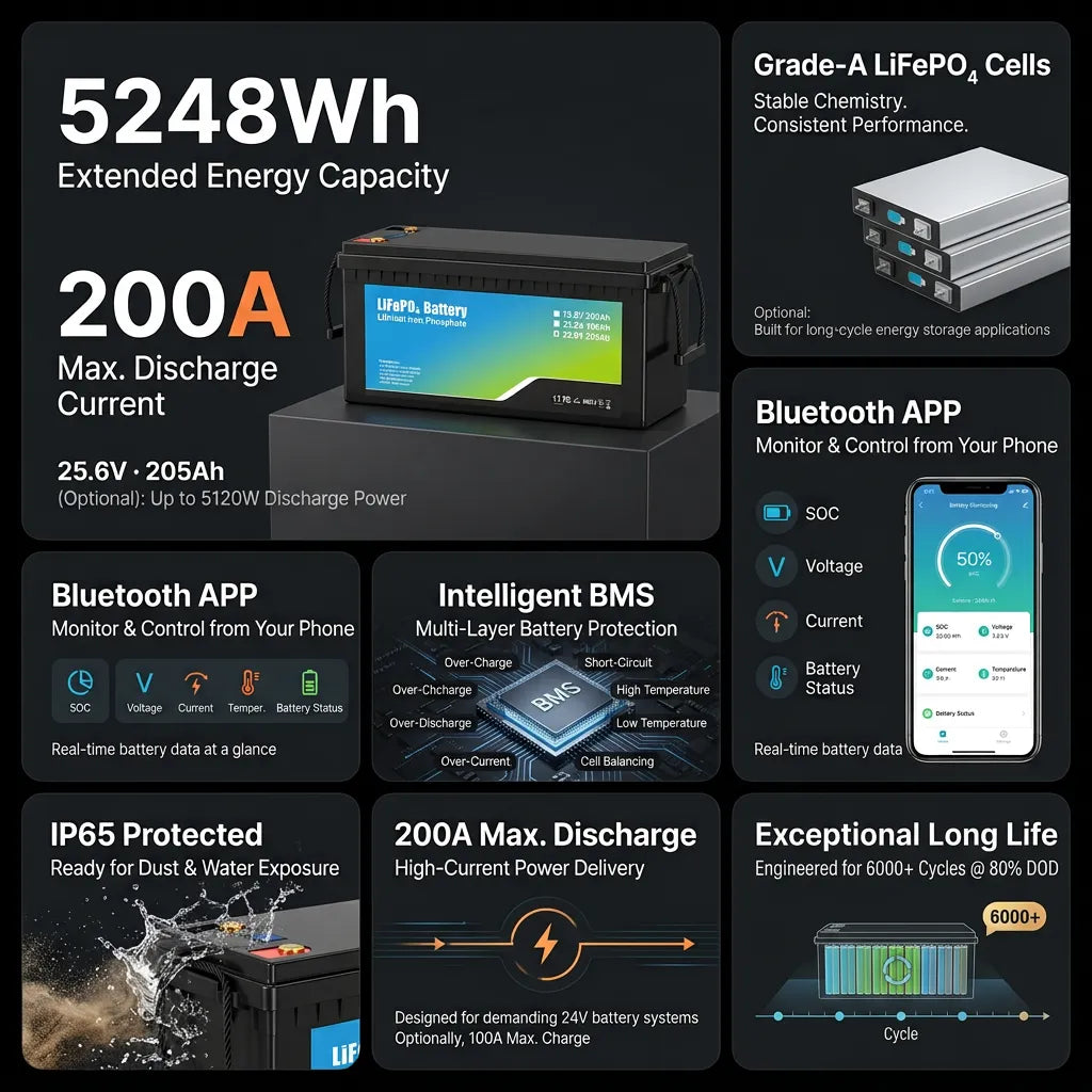 iFORWAY BK24200 5248Wh LiFePO4 battery with 200A discharge, Bluetooth app, Smart BMS and IP65 protection