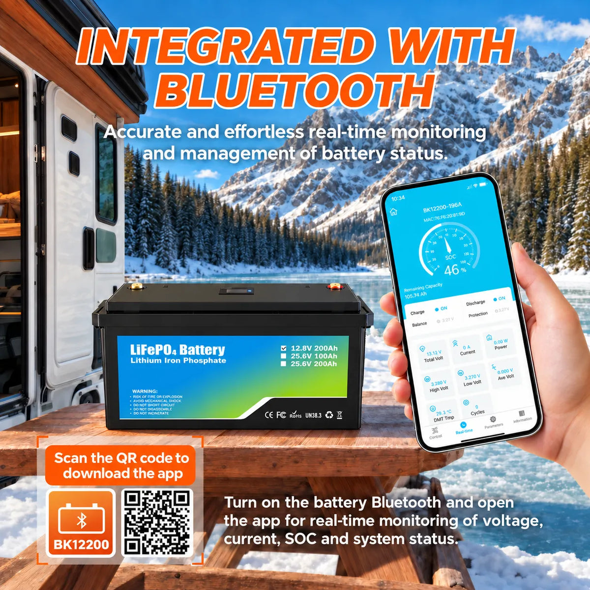 iFORWAY Bluetooth LiFePO4 battery with app monitoring for voltage, current, SOC and battery status