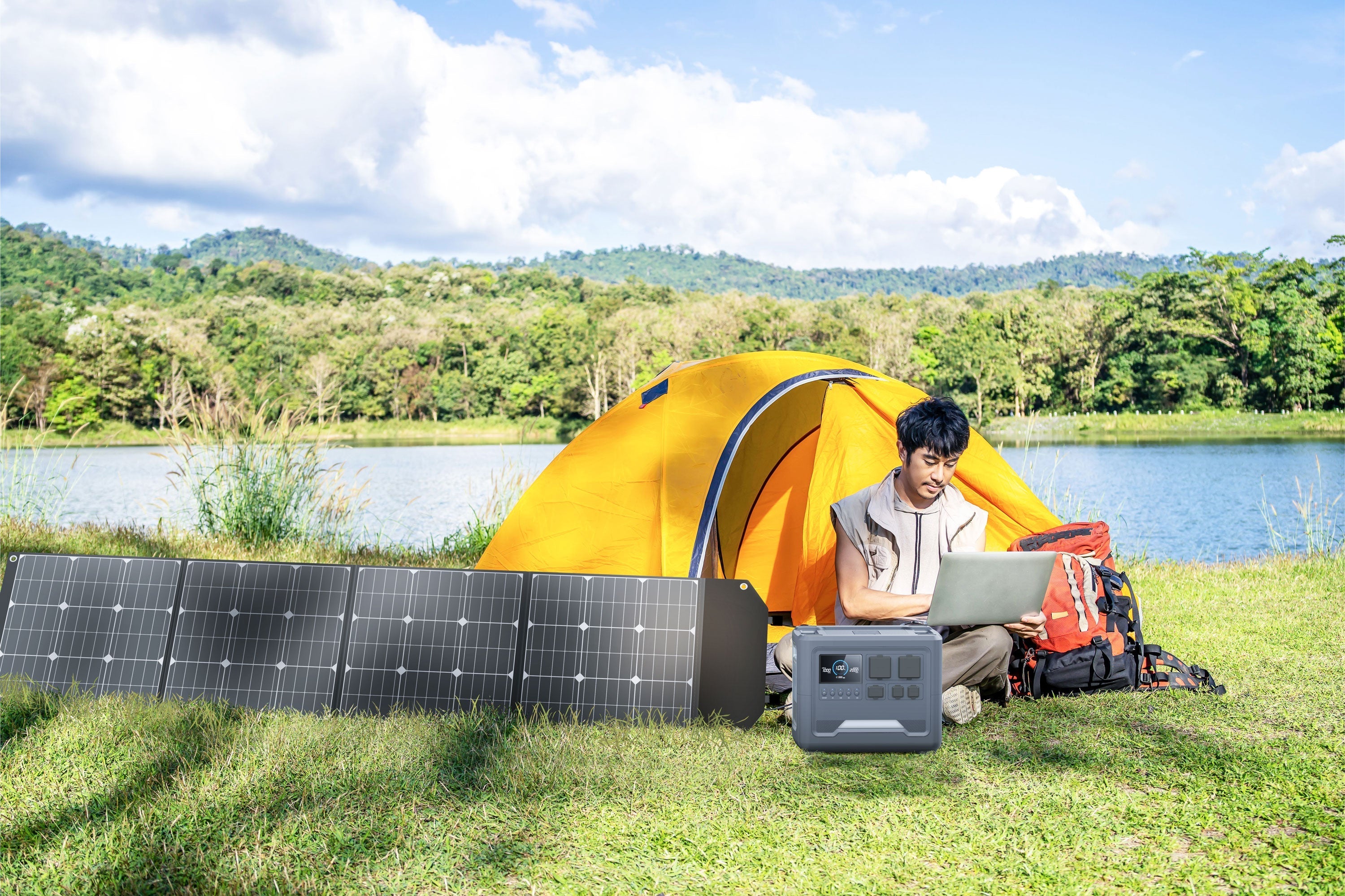 iFORWAY portable power station charging with a 4-fold solar panel during an off-grid camping trip