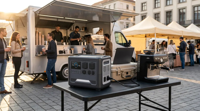 iFORWAY portable power station powering a coffee machine at an outdoor market