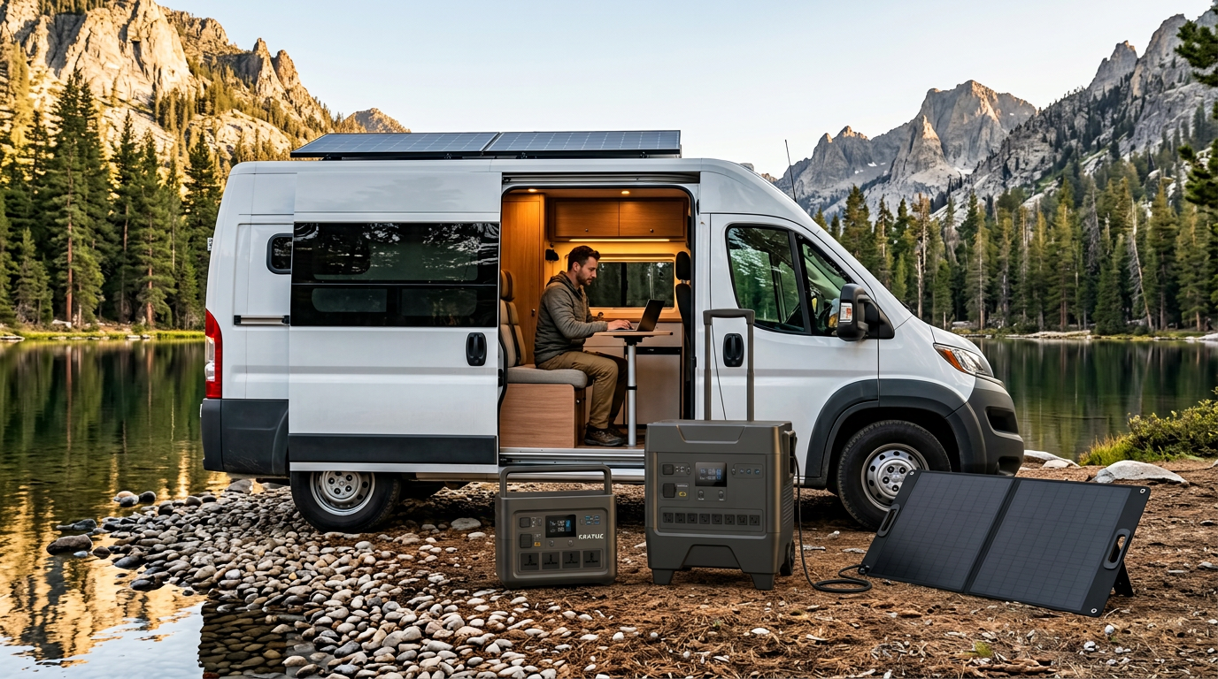 Van life solar generator setup with two portable power stations, black folding solar panel, and camper van at a mountain lake.