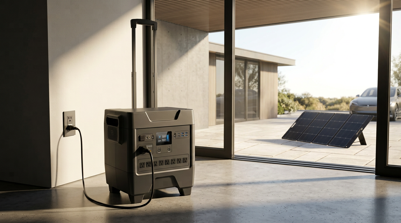 Portable power station charging with AC power and a black folding solar panel for fast home backup and off-grid charging.