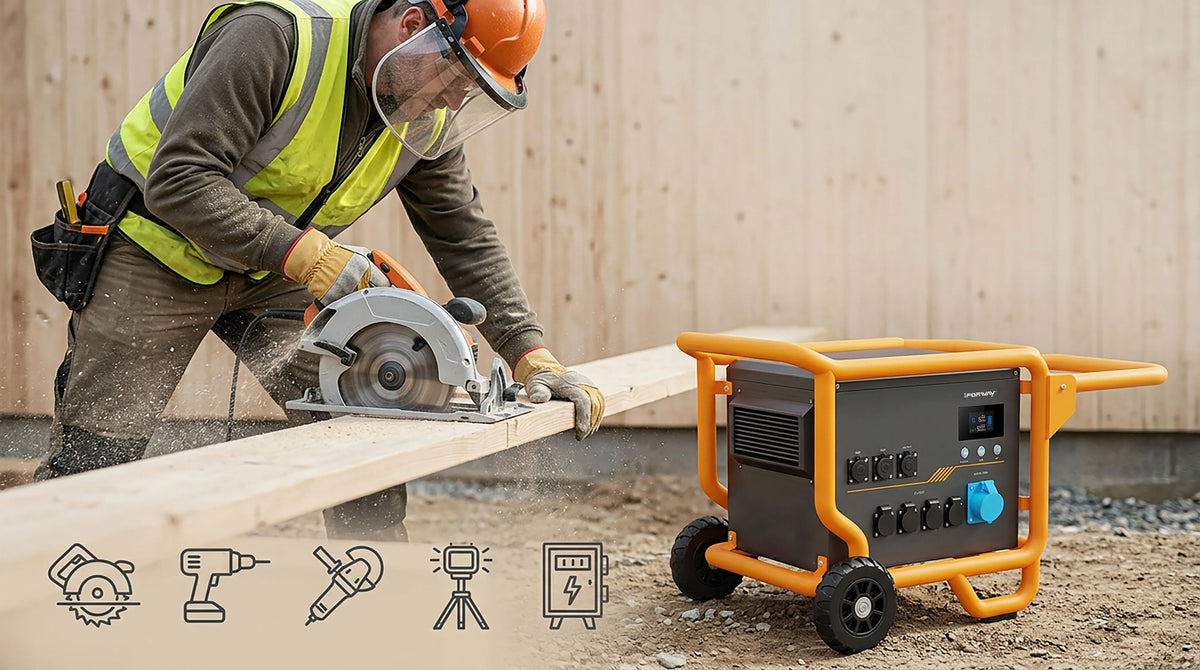 iFORWAY M5003 portable power station powering a circular saw for jobsite use
