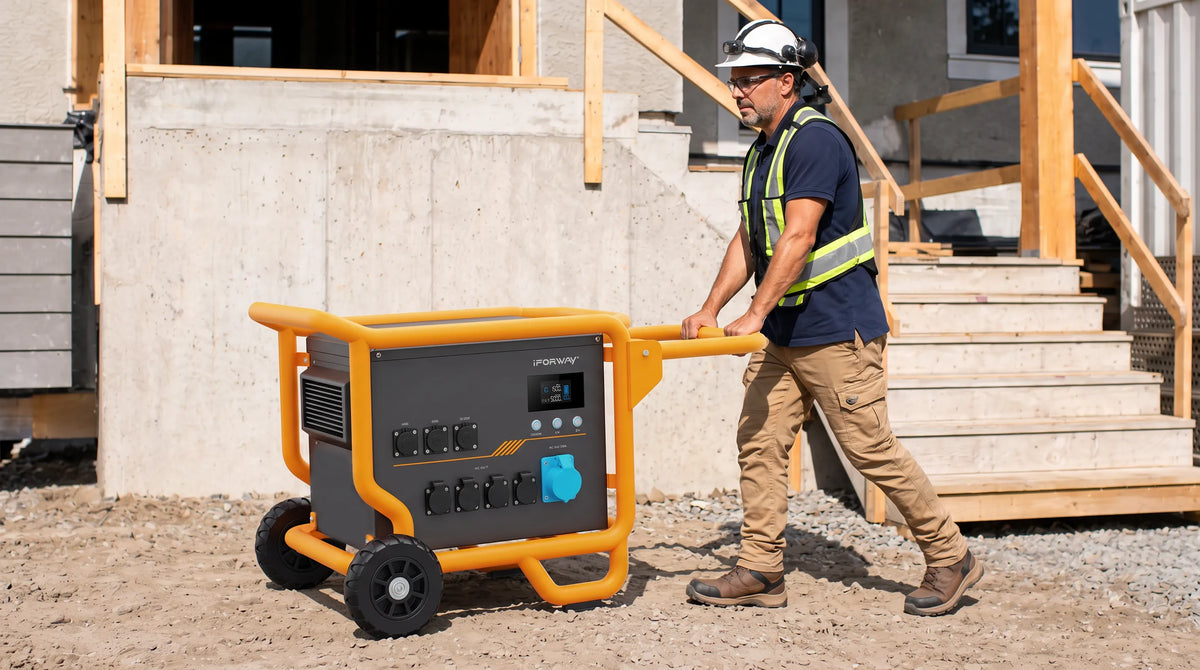 iFORWAY M5003 wheeled portable power station being moved around a jobsite