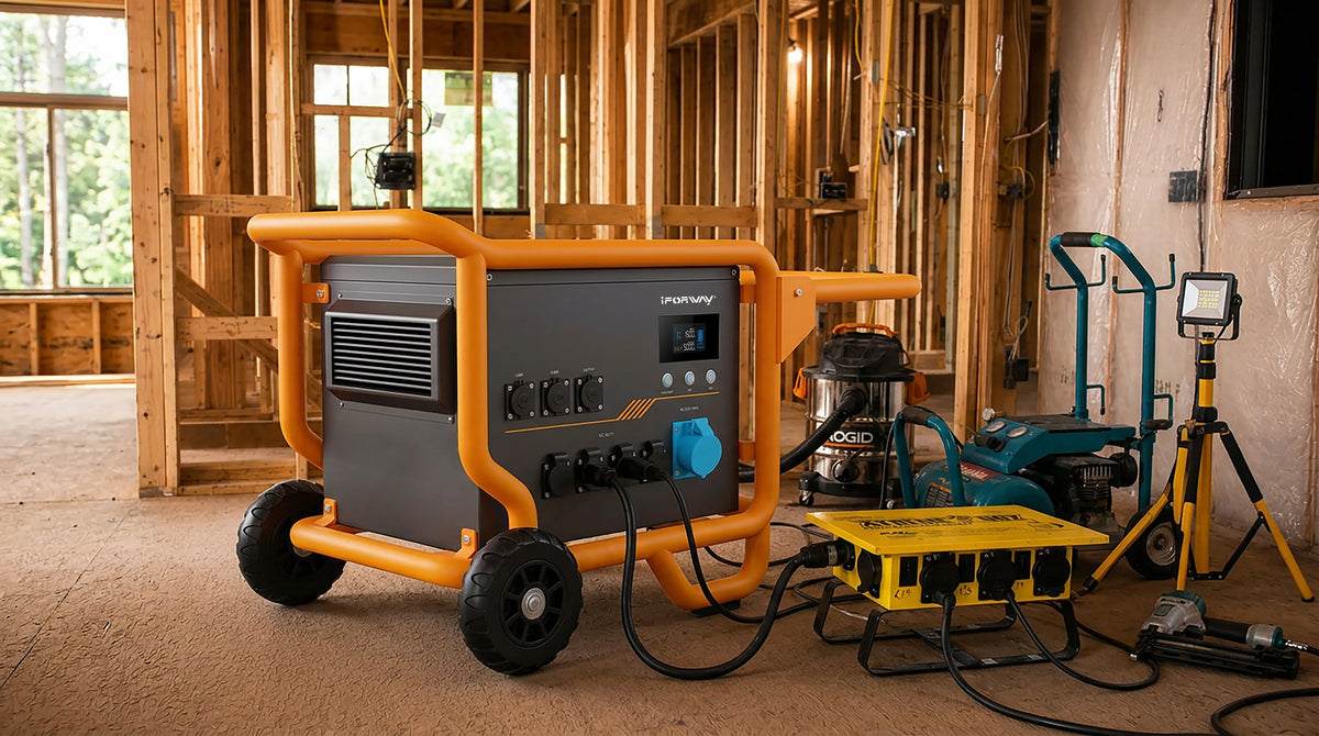 iFORWAY M5003 portable power station powering multiple construction tools