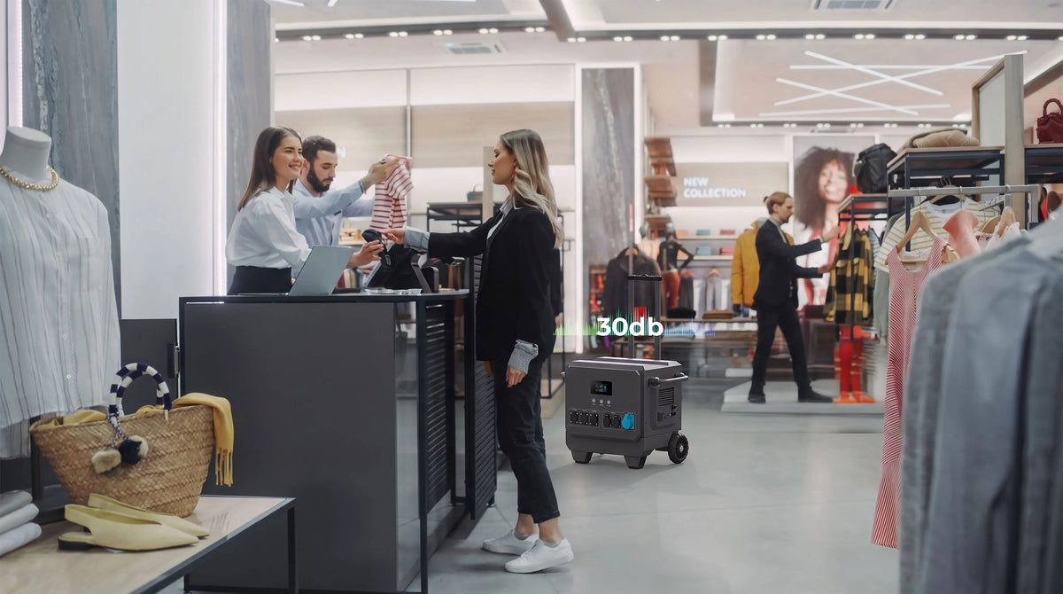 iFORWAY M5002 portable power station operating quietly in a retail store