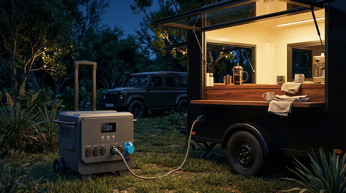 iFORWAY portable power station powering a mobile food trailer at night