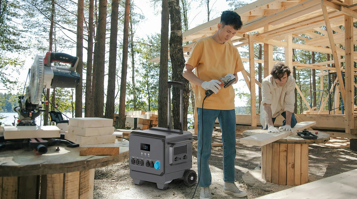 iFORWAY portable power station powering tools at an outdoor construction site