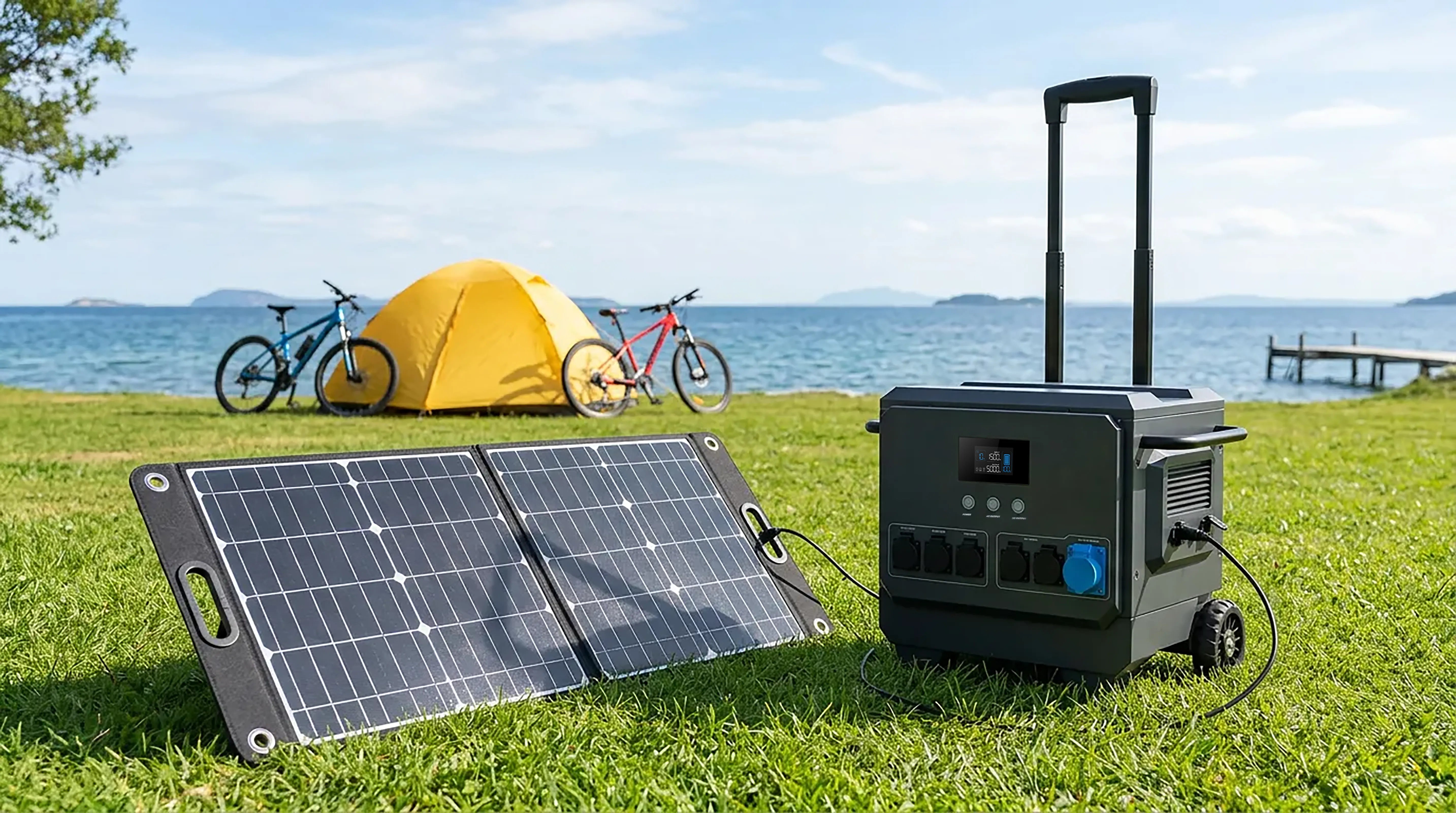 iFORWAY portable power station with solar panels for lakeside camping