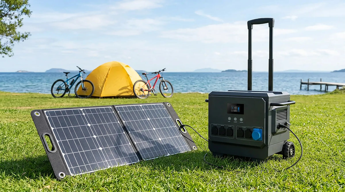 iFORWAY portable power station with solar panels for lakeside camping