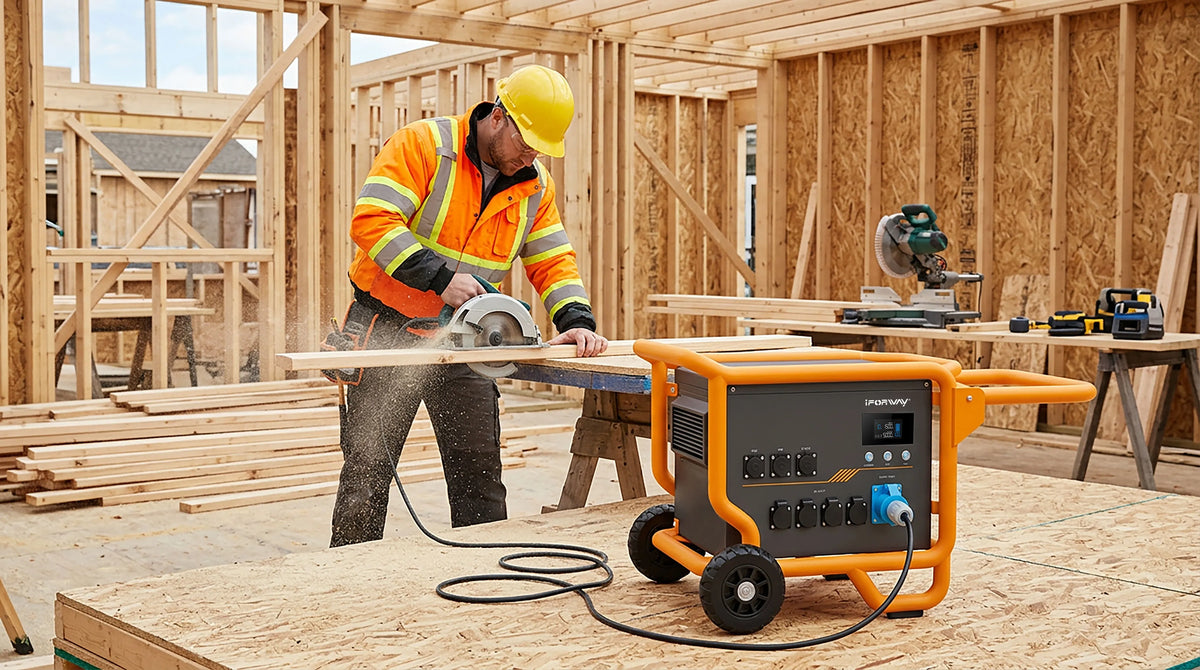 iFORWAY M5003 portable power station powering a circular saw at a construction site