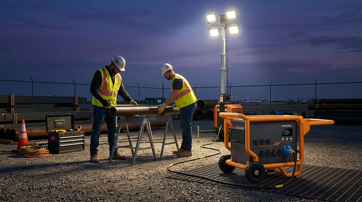 iFORWAY M5003 portable power station powering jobsite lights for night work