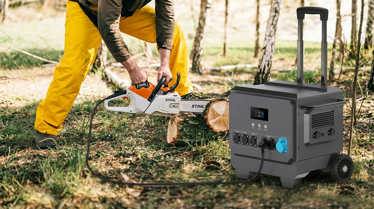 iFORWAY portable power station powering an electric chainsaw outdoors