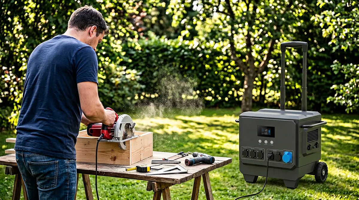 iFORWAY portable power station powering a circular saw for outdoor DIY work