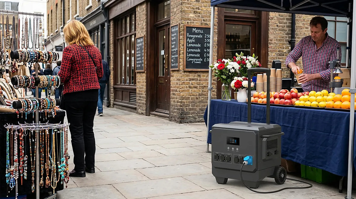 iFORWAY portable power station supplying power to an outdoor market stall