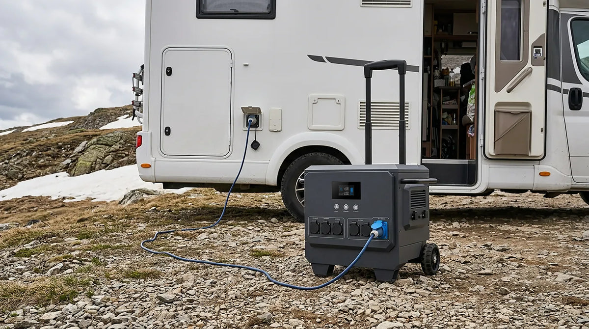 iFORWAY portable power station connected to an RV for off-grid camping power