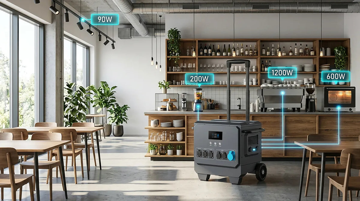 iFORWAY portable power station powering café appliances and equipment