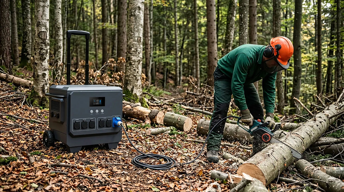 iFORWAY portable power station powering an electric chainsaw in a forest