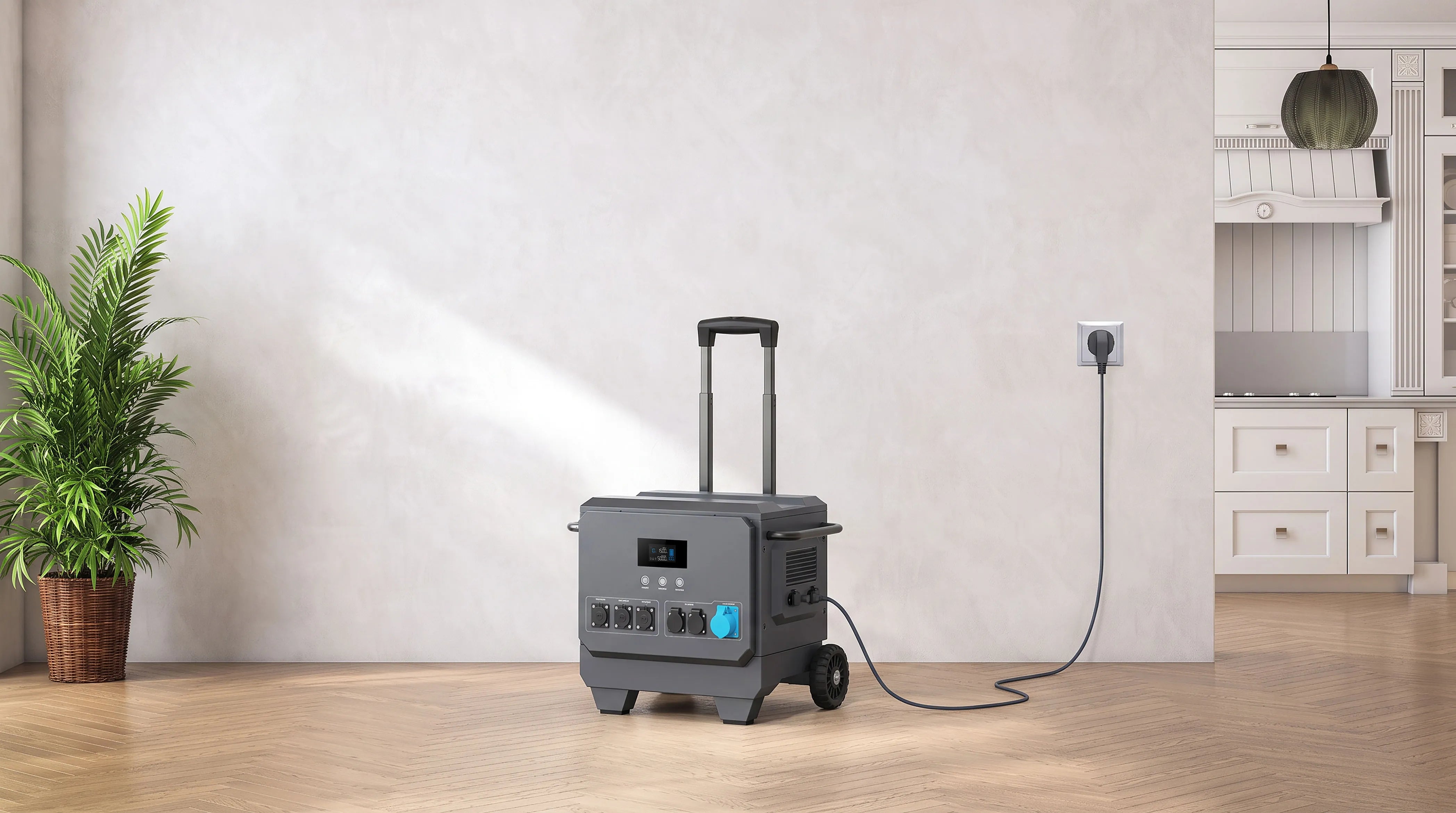 iFORWAY M5002 wheeled portable power station charging from a home wall outlet