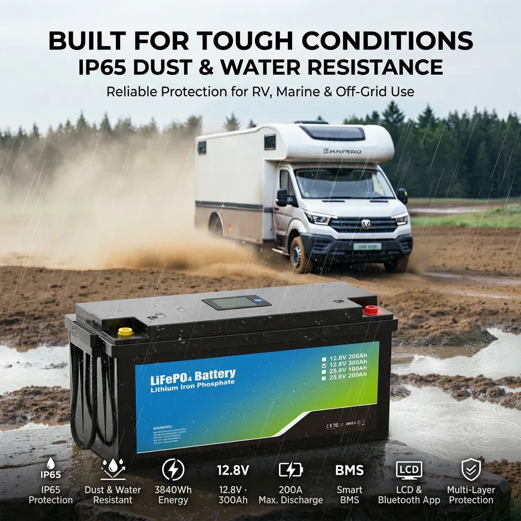 iFORWAY 12.8V 300Ah LiFePO4 battery with IP65 dust and water resistance for RV, marine and off-grid use