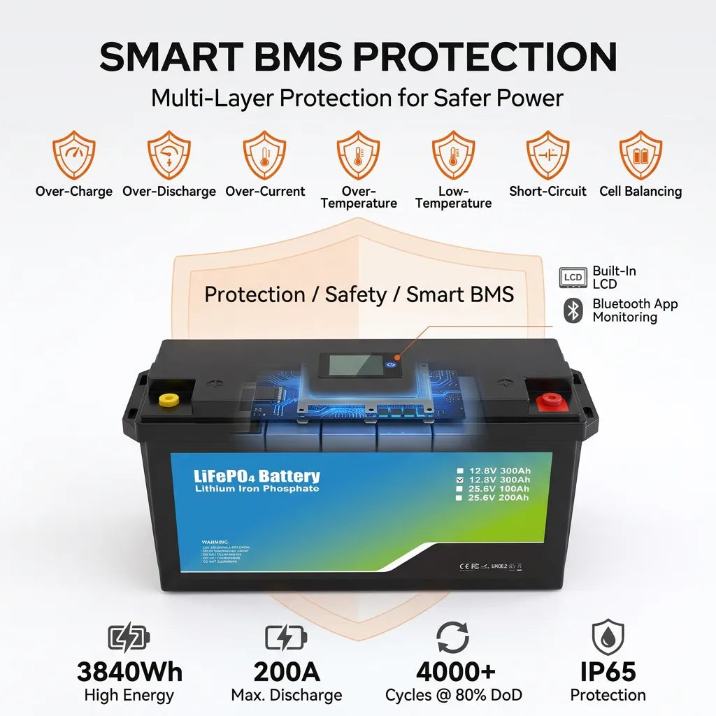 iFORWAY 12V 300Ah LiFePO4 battery with Smart BMS, Bluetooth monitoring, LCD and IP65 protection