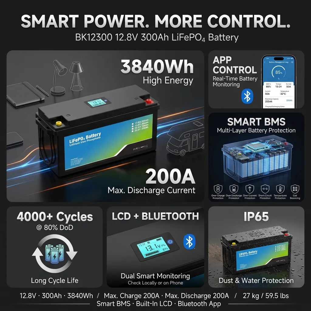 iFORWAY BK12300 300Ah LiFePO4 battery with 3840Wh energy, 200A output, Bluetooth, LCD and Smart BMS