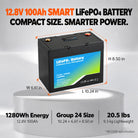 iFORWAY 12.8V 100Ah LiFePO4 battery with 1280Wh capacity, Group 24 size and compact dimensions