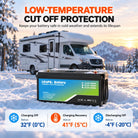 iFORWAY 12.8V 196Ah LiFePO4 battery with low-temperature cutoff protection for cold-weather RV use